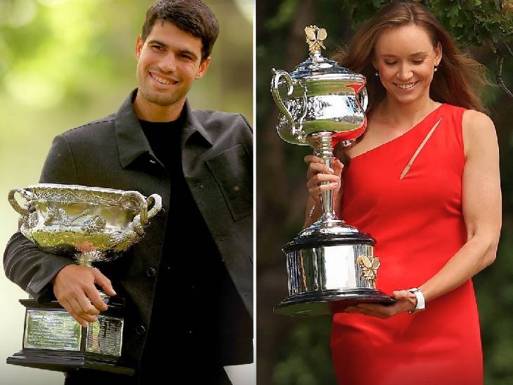 महिला ​कैटेगरी में एलिना रायबकिना और पुरुषों में 22 वर्षीय कार्लोस अल्कारेज ने ट्रॉफी उठाई। - Dainik Bhaskar